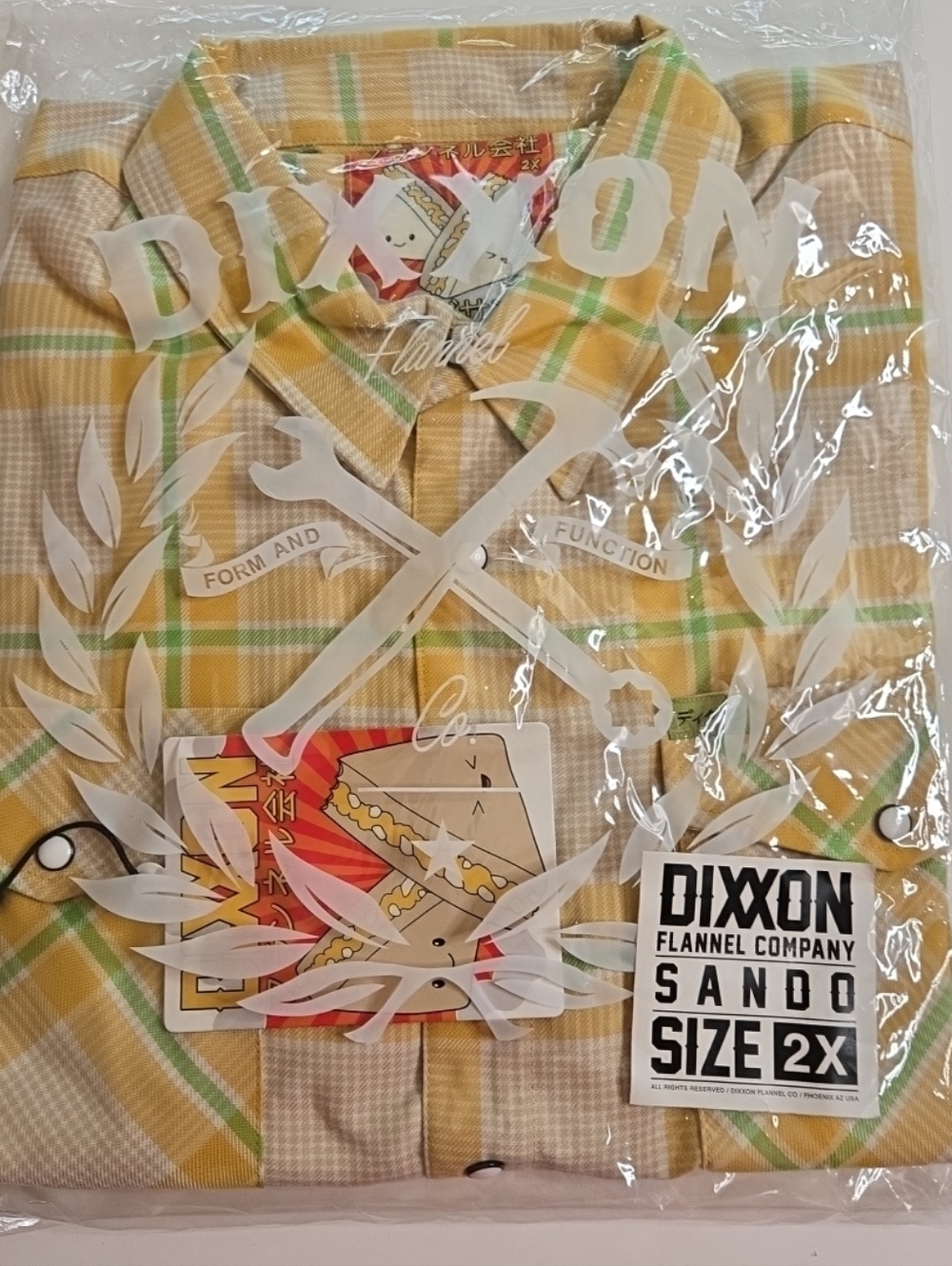 Dixxon Flannel Co Sando Mens 2XL XXL Plaid Yellow Green White Long Sleeve Snaps